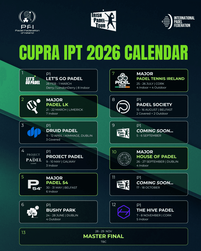 News graphic for CUPRA Irish Padel Tour 2026 Schedule Is Live